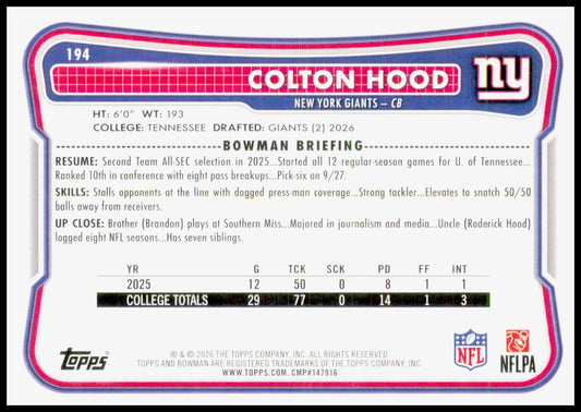 2026 Bowman Colton Hood Card RC New York Giants