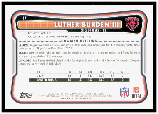 2026 Bowman Luther Burden III Card Chicago Bears