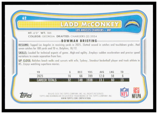 2026 Bowman Ladd McConkey Card Los Angeles Chargers