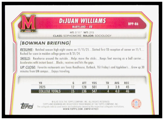 2026 Bowman DeJuan Williams Card Prospects Maryland Terrapins