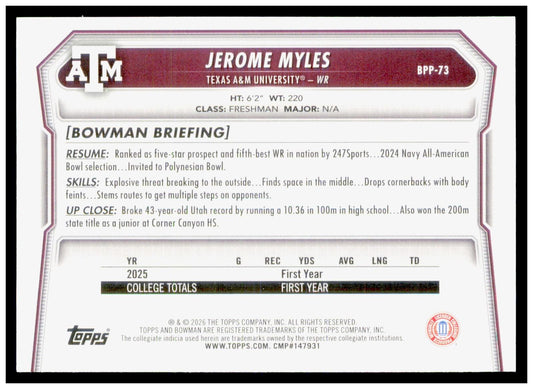 2026 Bowman Jerome Myles Card Prospects Texas A&M Aggies