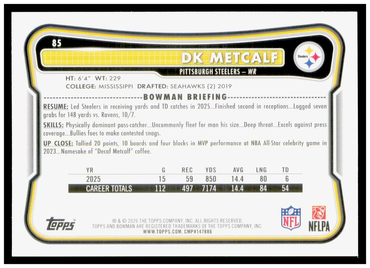 2026 Bowman DK Metcalf Card Pittsburgh Steelers
