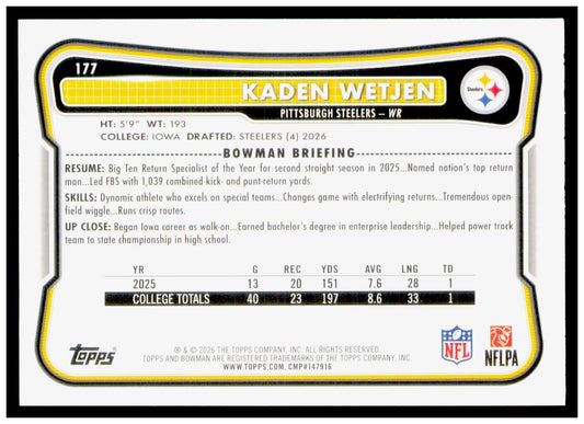 2026 Bowman Kaden Wetjen Card RC Pittsburgh Steelers