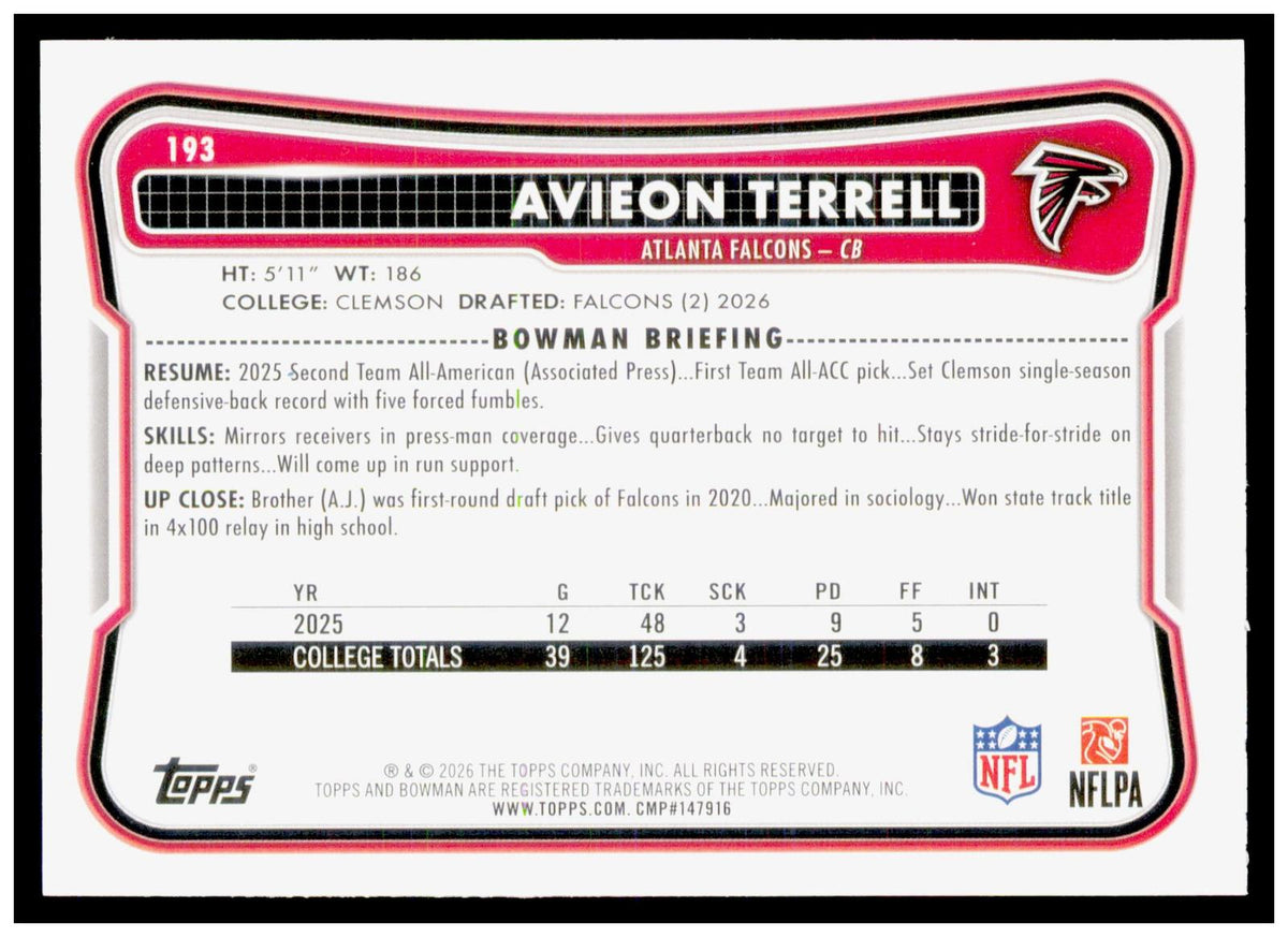 2026 Bowman Avieon Terrell Card RC Atlanta Falcons