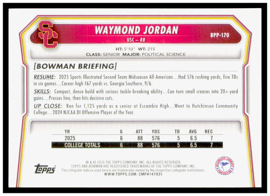 2026 Bowman Waymond Jordan Card Prospects USC Trojans
