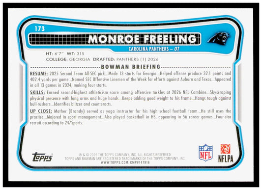 2026 Bowman Monroe Freeling Card RC Carolina Panthers