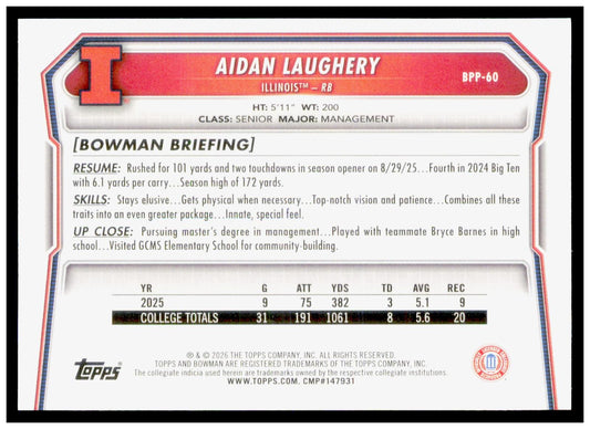 2026 Bowman Aidan Laughery Card Prospects Illinois Fighting Illini