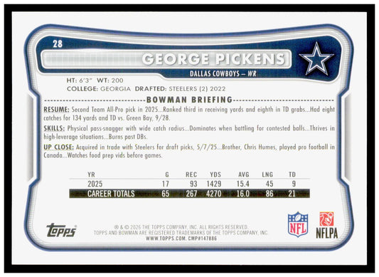 2026 Bowman George Pickens Card Dallas Cowboys