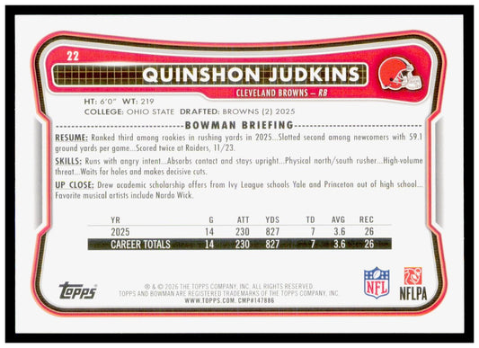 2026 Bowman Quinshon Judkins Card Cleveland Browns