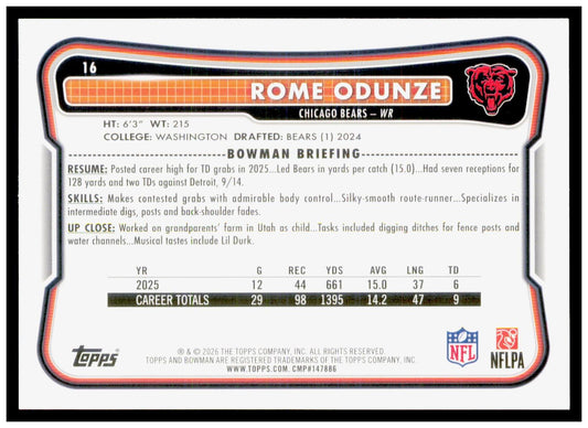 2026 Bowman Rome Odunze Card Chicago Bears