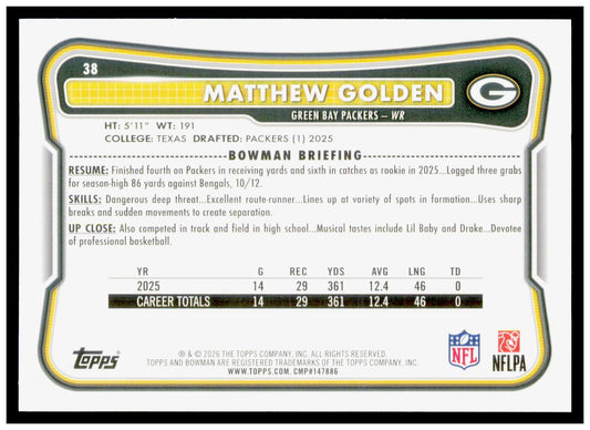 2026 Bowman Matthew Golden Card Chrome Green Bay Packers