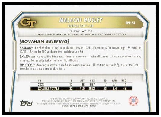 2026 Bowman Malachi Hosley Card Prospects Georgia Tech Yellow Jackets