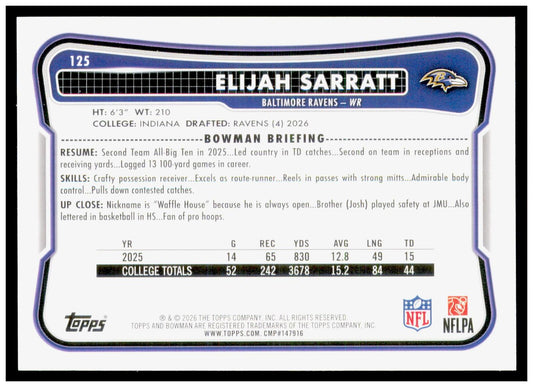 2026 Bowman Elijah Sarratt Card RC Baltimore Ravens