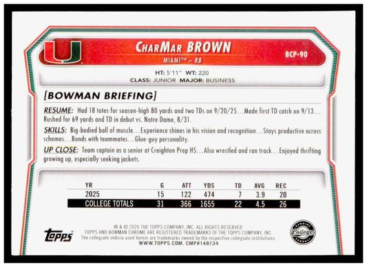 2026 Bowman CharMar Brown Card Chrome Prospects Miami Hurricanes