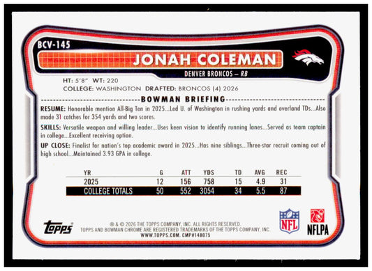 2026 Bowman Jonah Coleman Card Chrome Denver Broncos