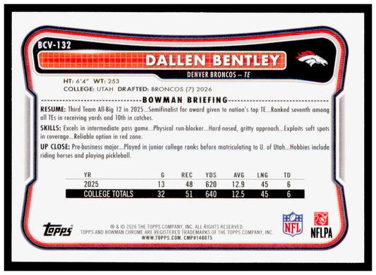 2026 Bowman Dallen Bentley Card Chrome Denver Broncos