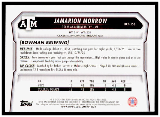 2026 Bowman Jamarion Morrow Card Chrome Prospects Texas A&M Aggies