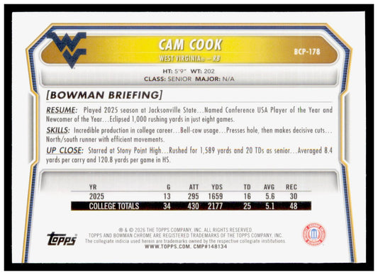 2026 Bowman Cam Cook Card Chrome Prospects West Virginia Mountaineers