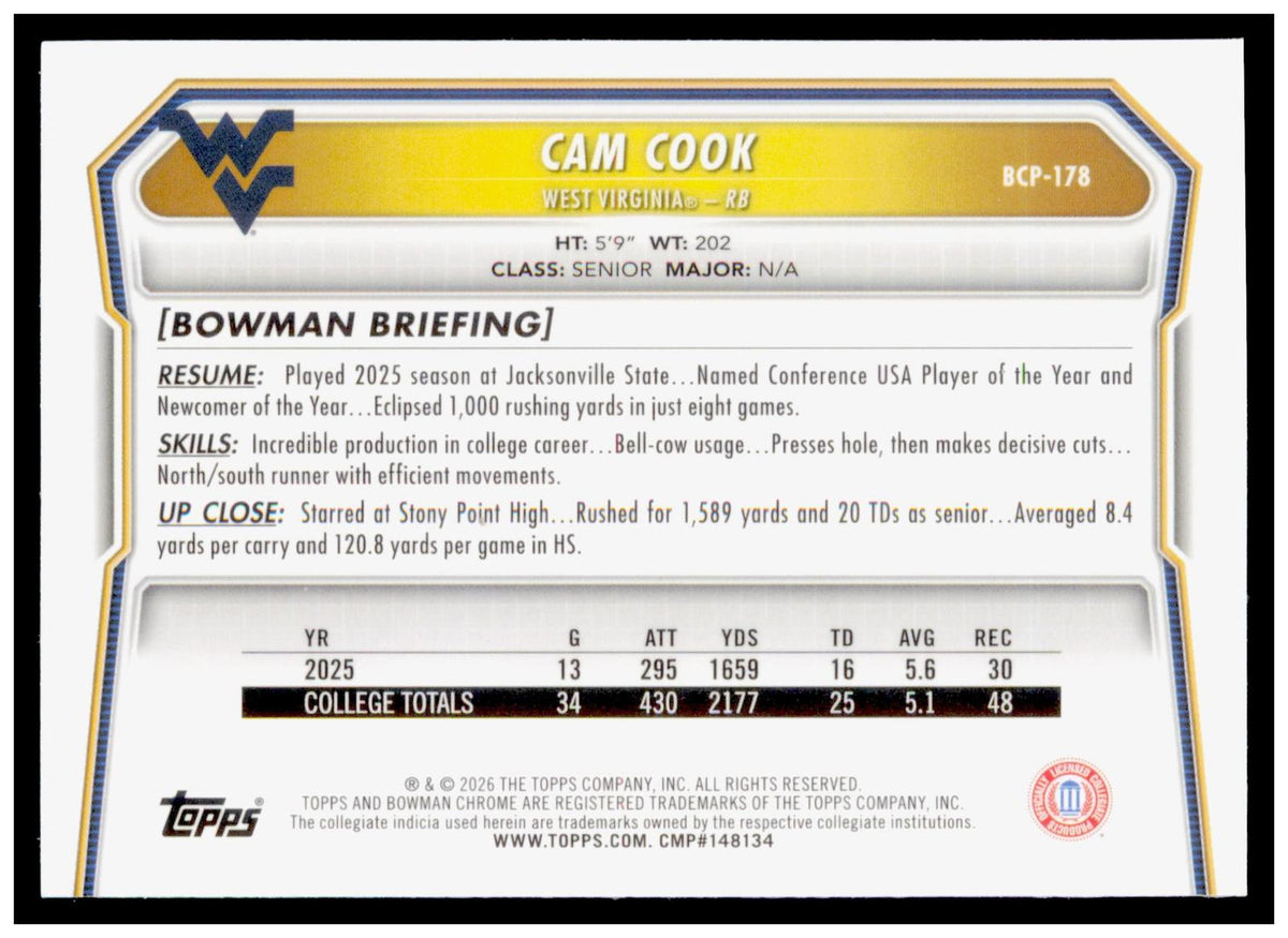 2026 Bowman Cam Cook Card Chrome Prospects West Virginia Mountaineers