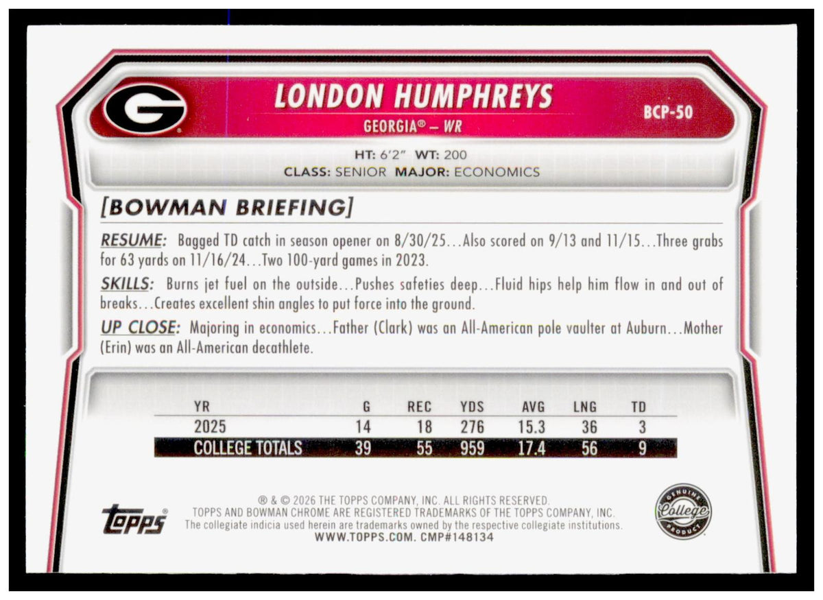 2026 Bowman London Humphreys Card Chrome Prospects Georgia Bulldogs