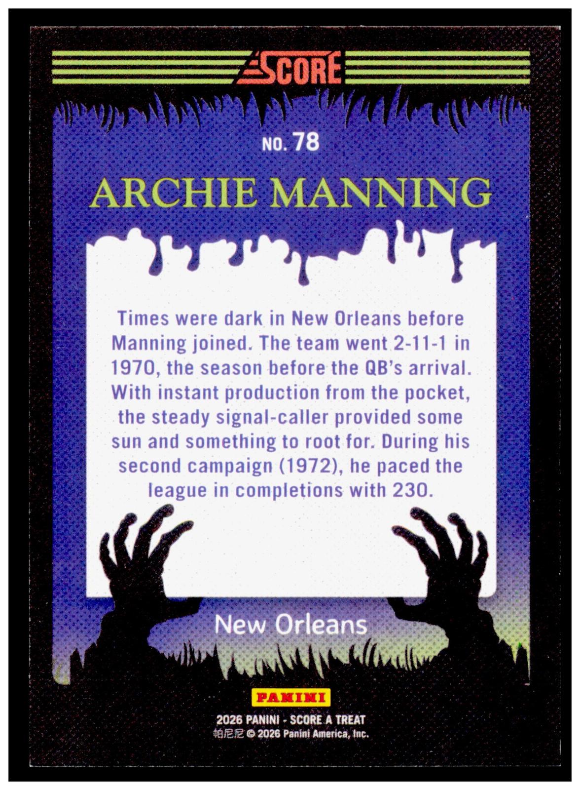 2026 Score-A-Treat Archie Manning Card Pumpkins New Orleans Saints