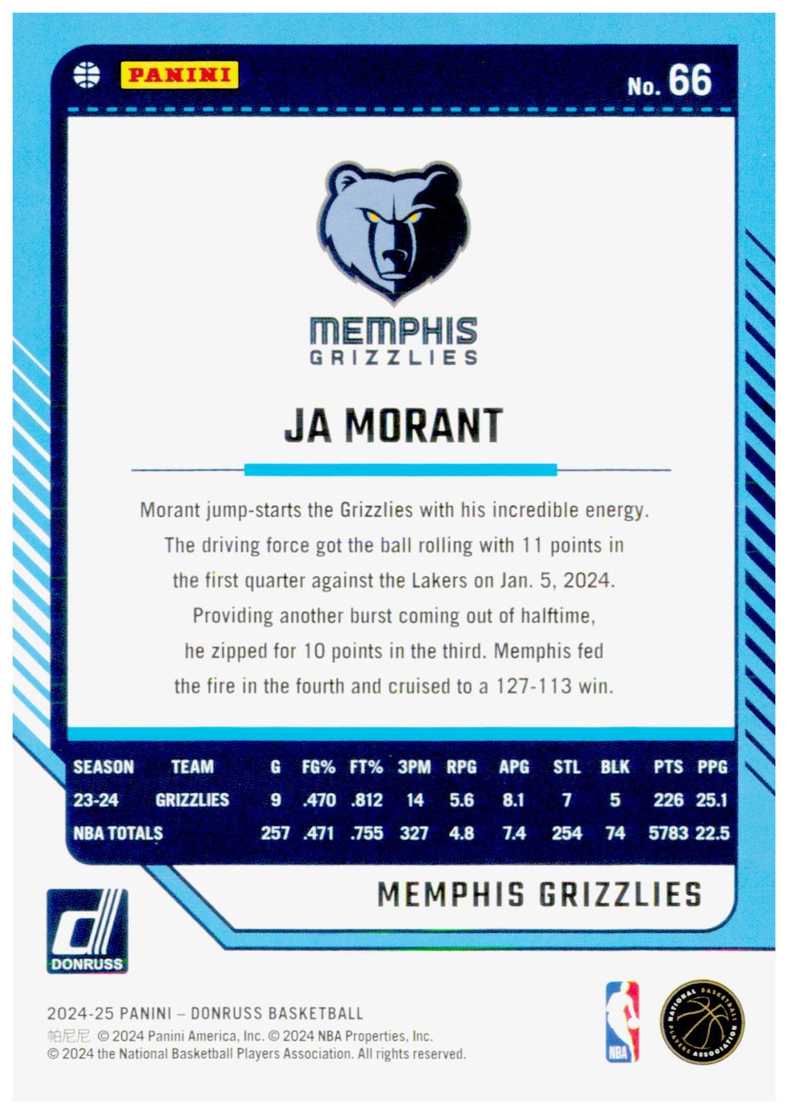 2024-25 Donruss Ja Morant Card Memphis Grizzlies