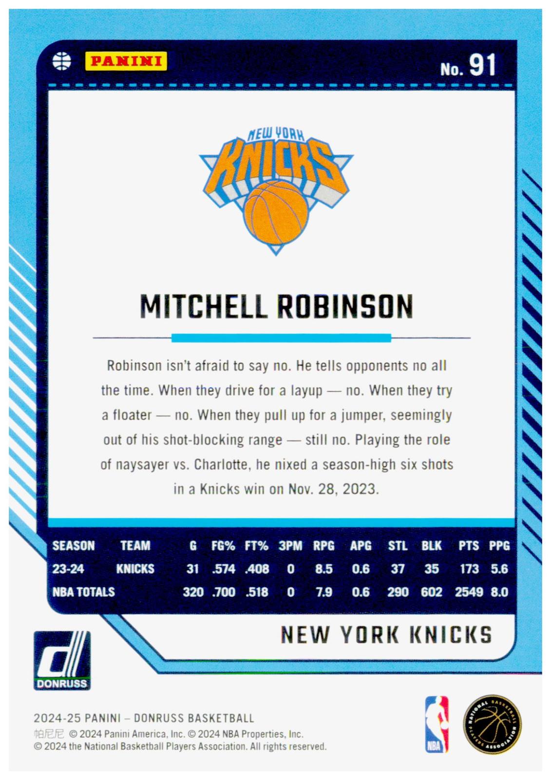 2024-25 Donruss Mitchell Robinson Card New York Knicks