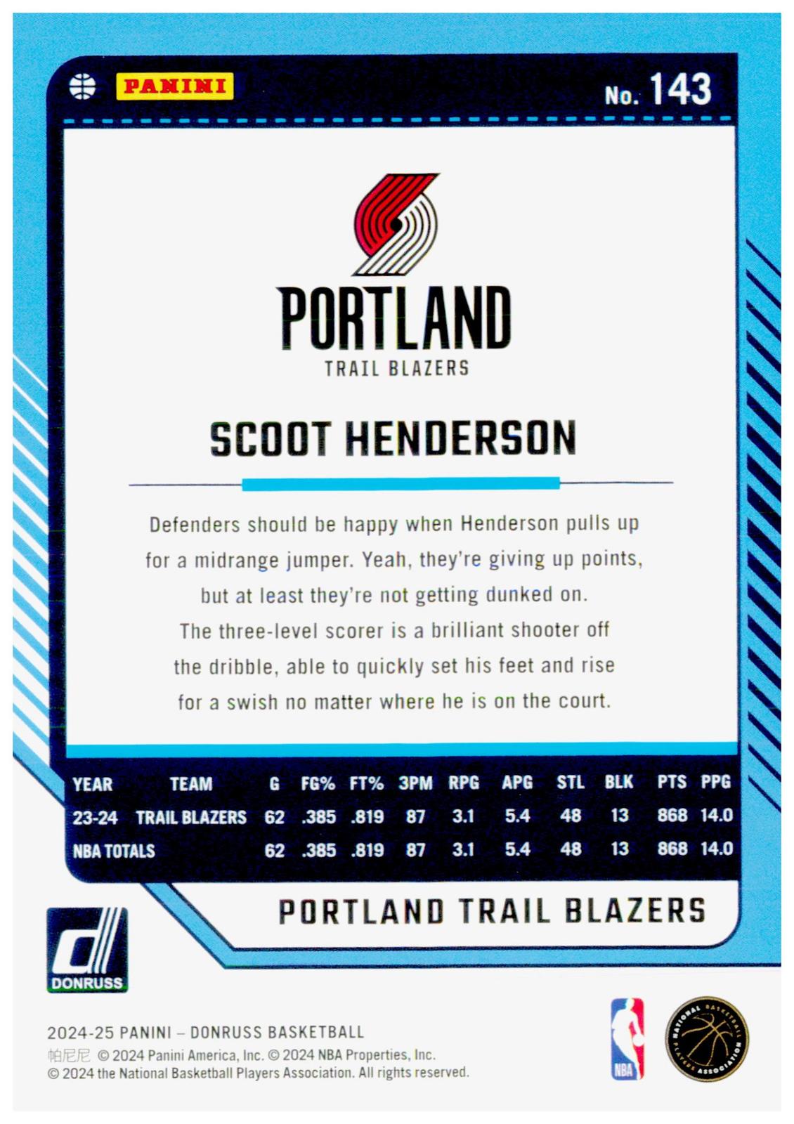 2024-25 Donruss Scoot Henderson Card Portland Trail Blazers