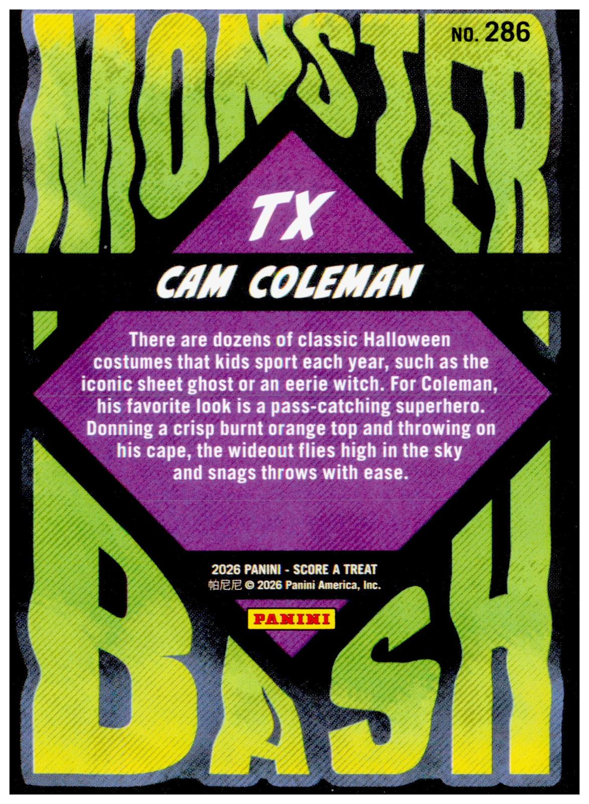 2026 Panini Score-A-Treat Monster Bash Cam Coleman #286 Texas Longhorns RC NIL