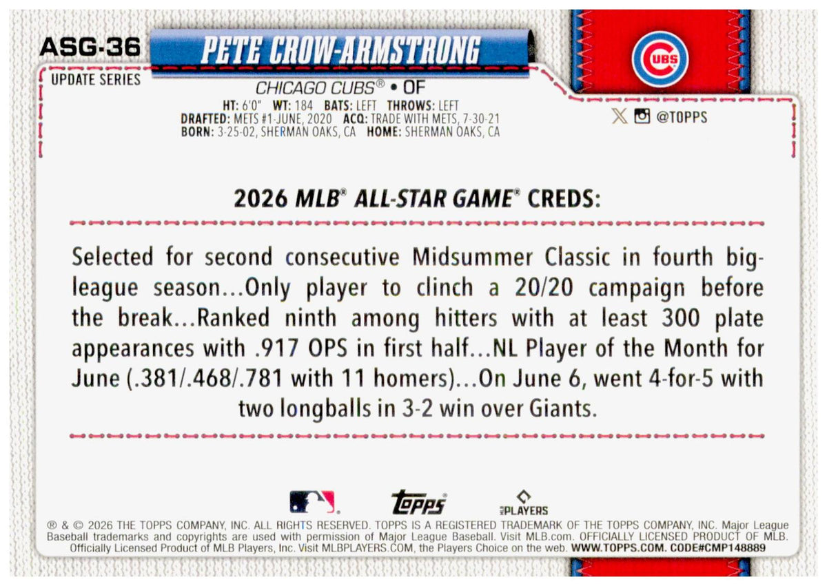 2026 Topps Update Pete Crow-Armstrong All-Star Game Rainbow Foil ASG-36 Cubs