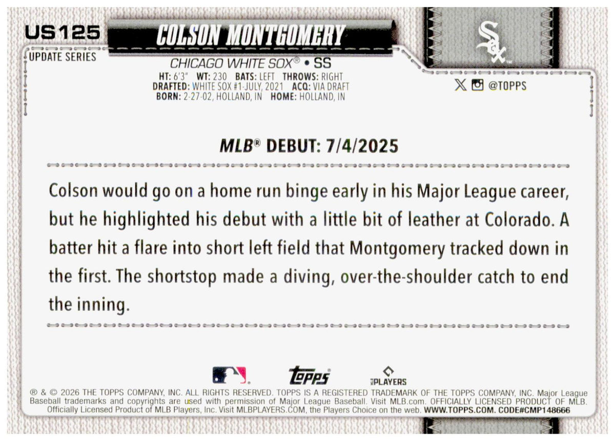 2026 Topps Update Colson Montgomery Card Chicago White Sox