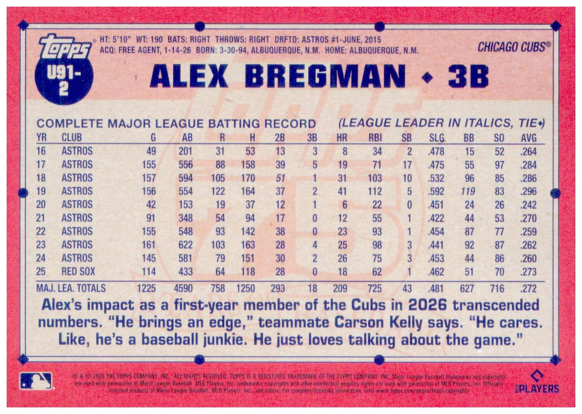 2026 Topps Update Alex Bregman Card 1991 Topps Baseball 35th Anniversary Cubs