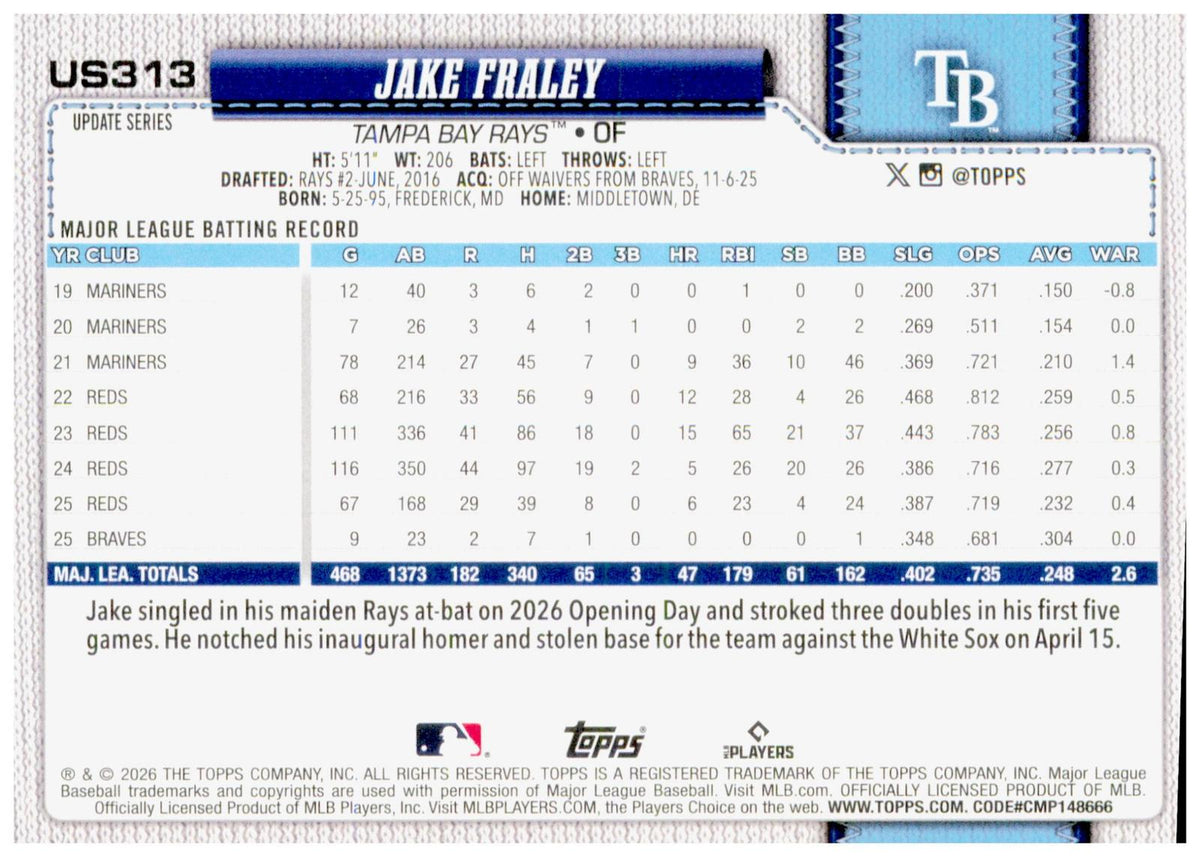 2026 Topps Update Jake Fraley Card Diamante Foil Tampa Bay Rays