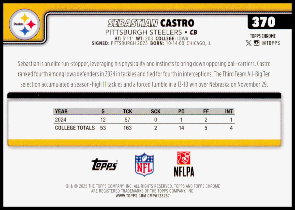 2025 Topps Chrome Sebastian Castro Card RC Pittsburgh Steelers