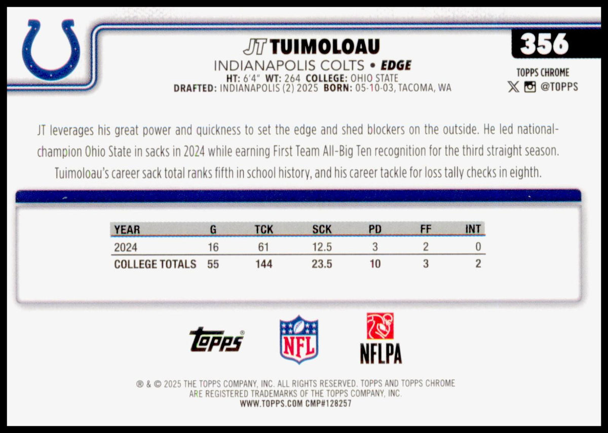 2025 Topps Chrome JT Tuimoloau Card RC Indianapolis Colts