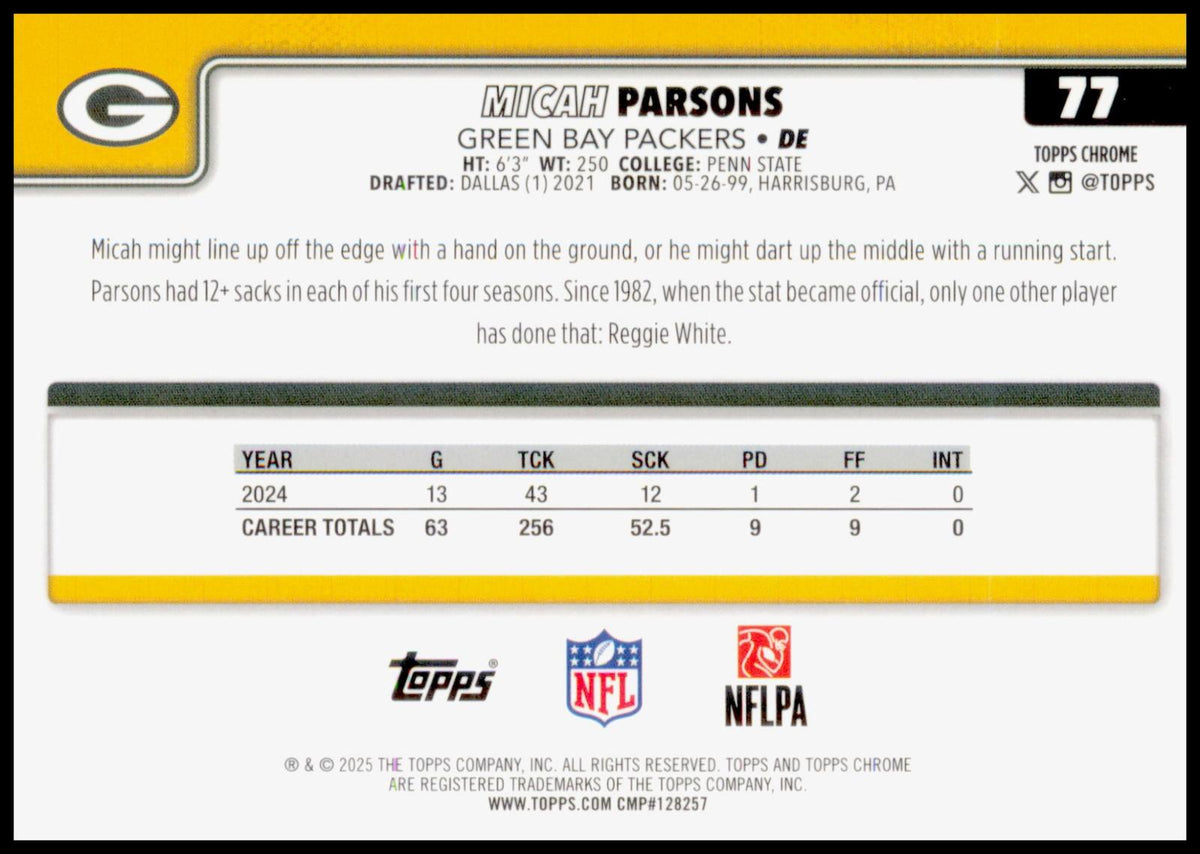 2025 Topps Chrome Micah Parsons Card Green Bay Packers