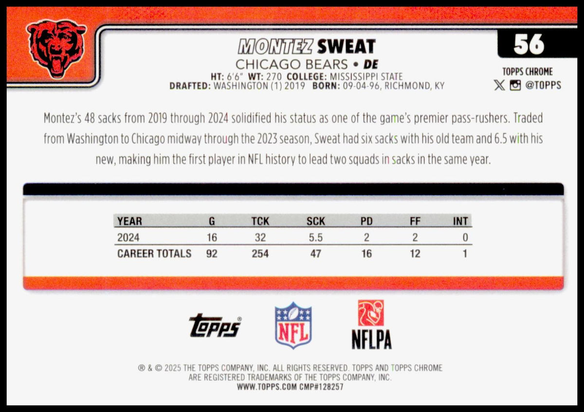 2025 Topps Chrome Montez Sweat Card Chicago Bears