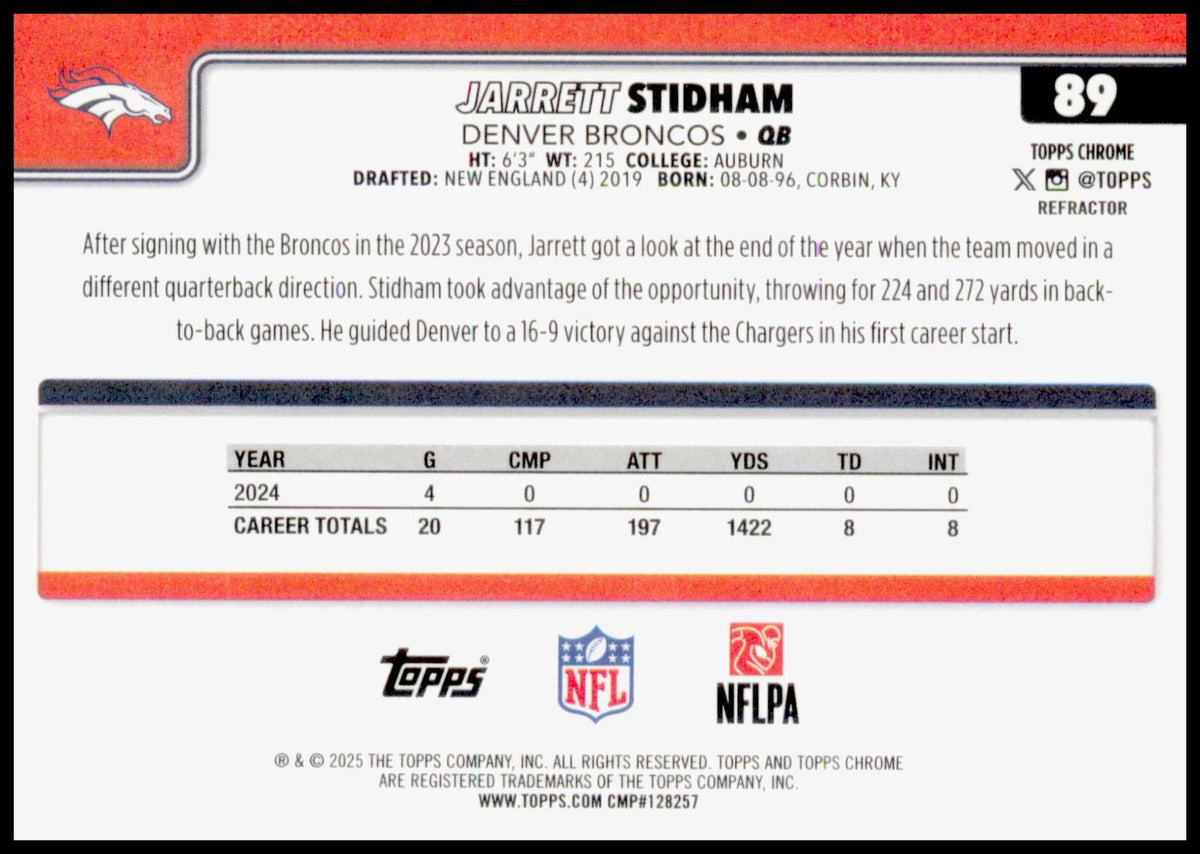 2025 Topps Chrome Jarrett Stidham Card Refractor Denver Broncos