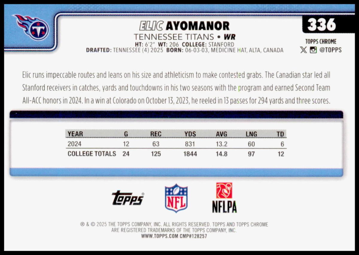 2025 Topps Chrome Elic Ayomanor Card Refractor RC Tennessee Titans