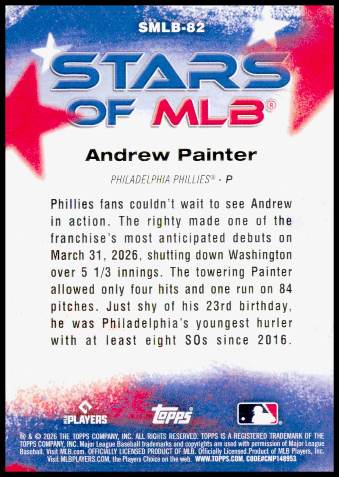 2026 Topps Update Andrew Painter Card Stars of MLB Philadelphia Phillies
