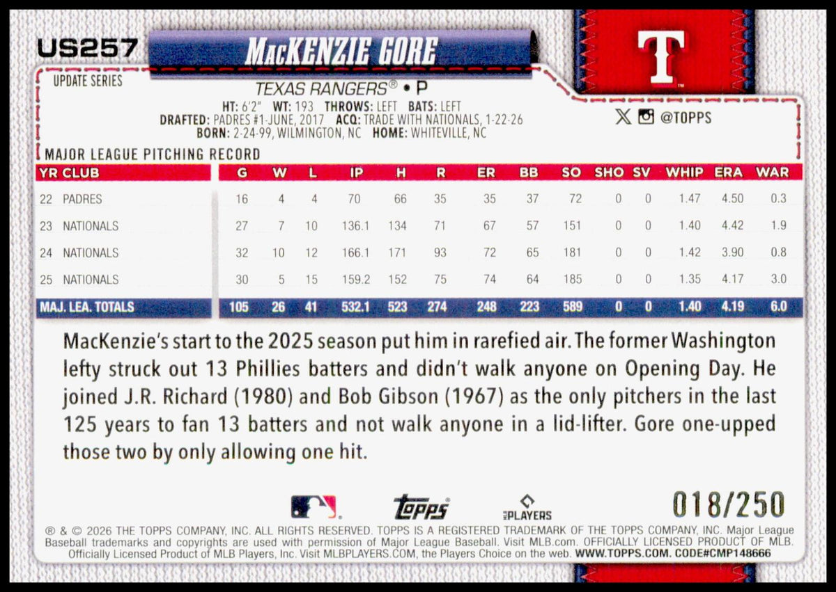 2026 Topps Update - Purple Holo Foil #US1 MaKenzie Gore #/250