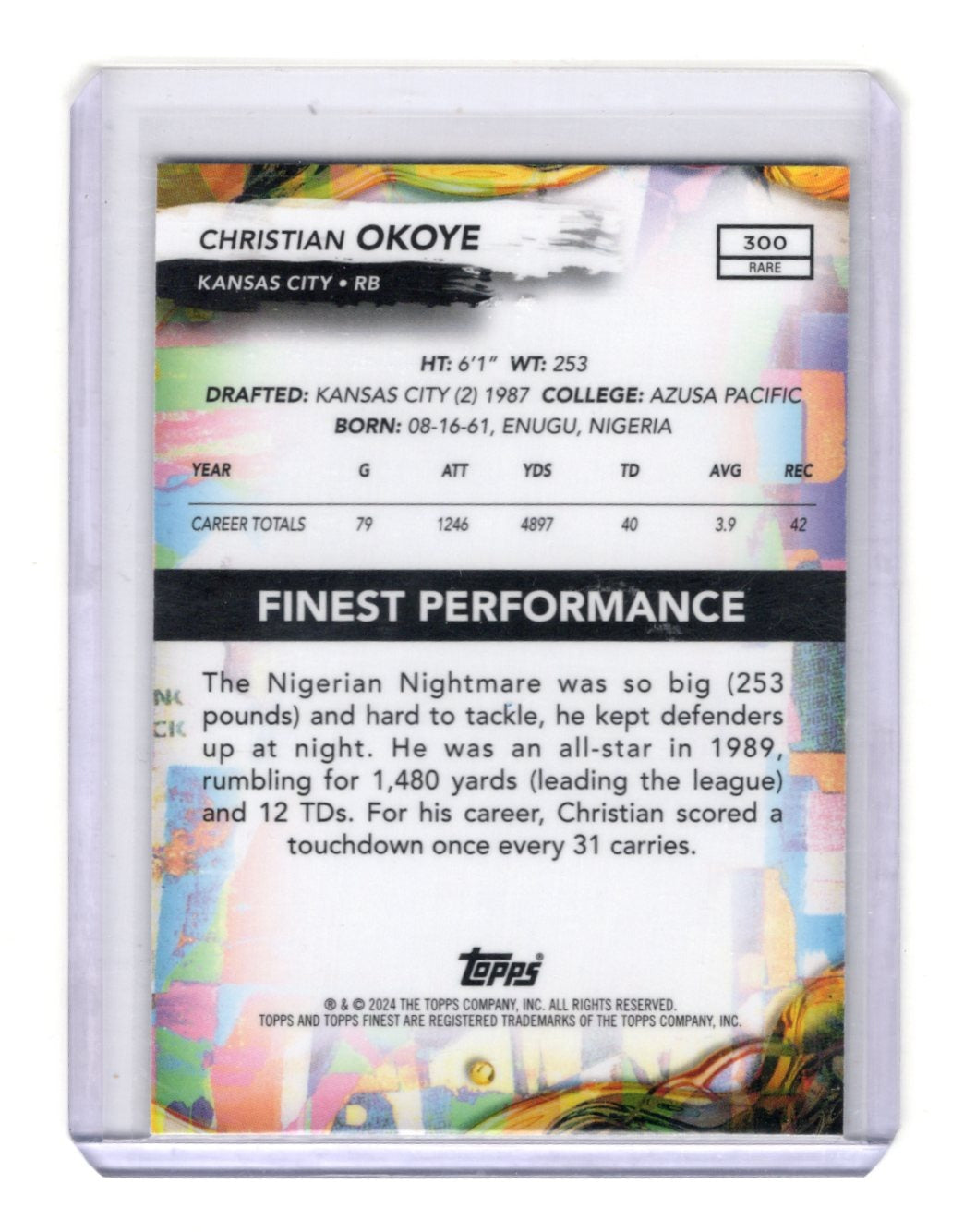 2024 Finest Christian Okoye Card Kansas City Chiefs