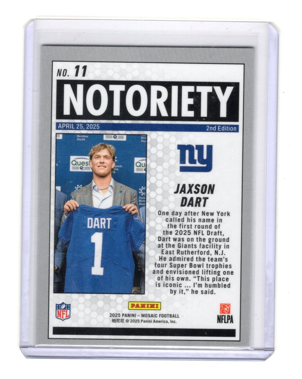 2025 Panini Mosaic Jaxson Dart Card Notoriety mosiac New York Giants