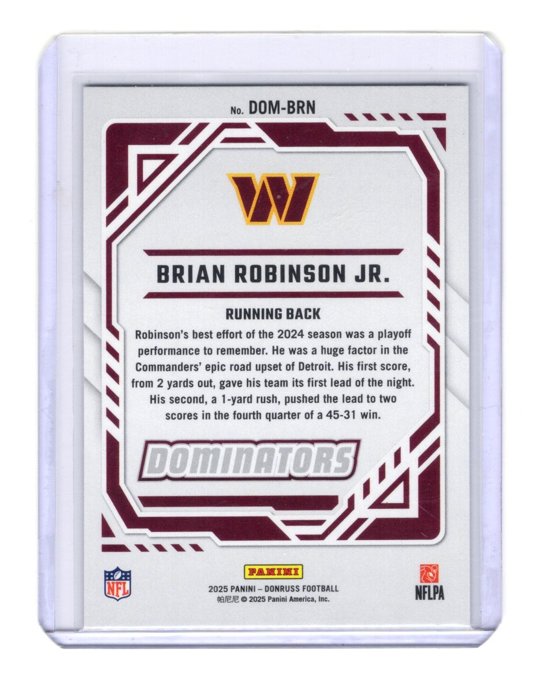 2025 Donruss Brian Robinson Jr. Card Dominators Washington Commanders