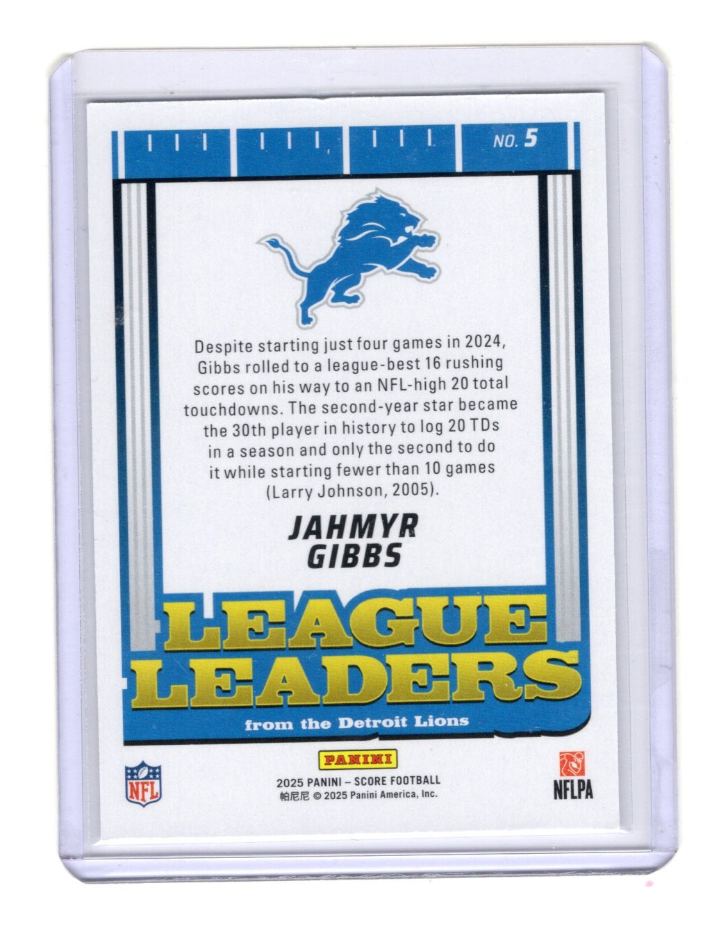 2025 Score Jahmyr Gibbs Card League Leaders Detroit Lions