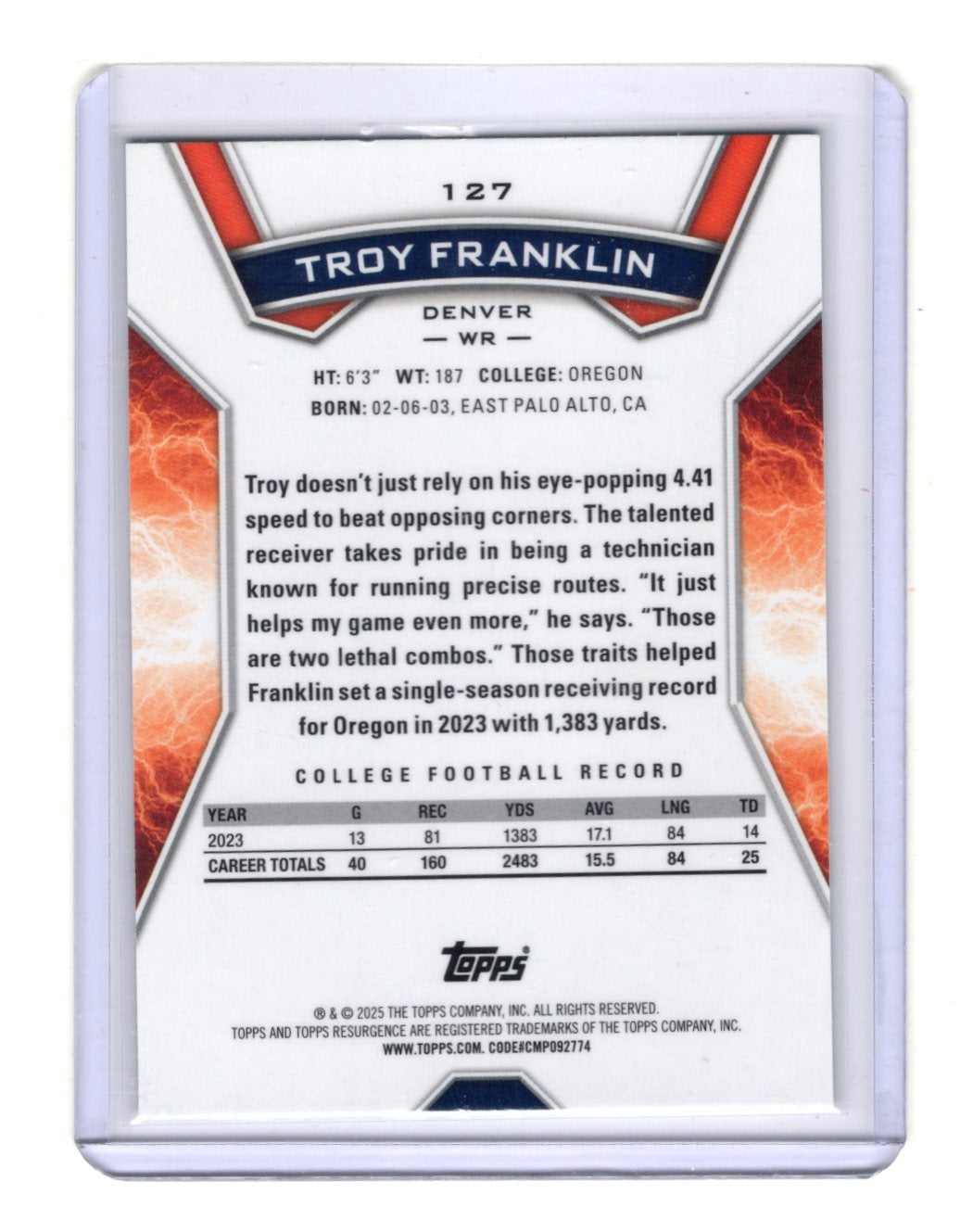 2024 Topps Resurgence Troy Franklin Card Green Surge SN, RC Denver Broncos