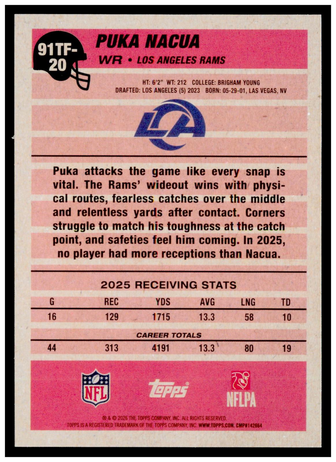 2026 Topps Flagship Puka Nacua 1991 Topps Football 35th Anniversary Crackle Rams