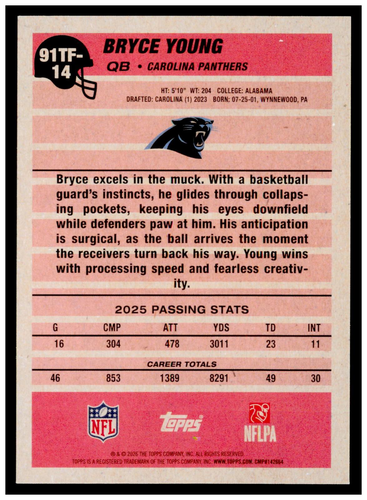 2026 Topps Flagship Bryce Young 1991 Topps Football 35th Anniversary Panthers
