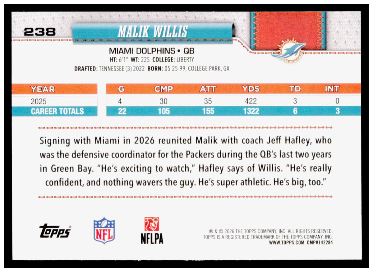2026 Topps Flagship Malik Willis Card White & Blue Miami Dolphins