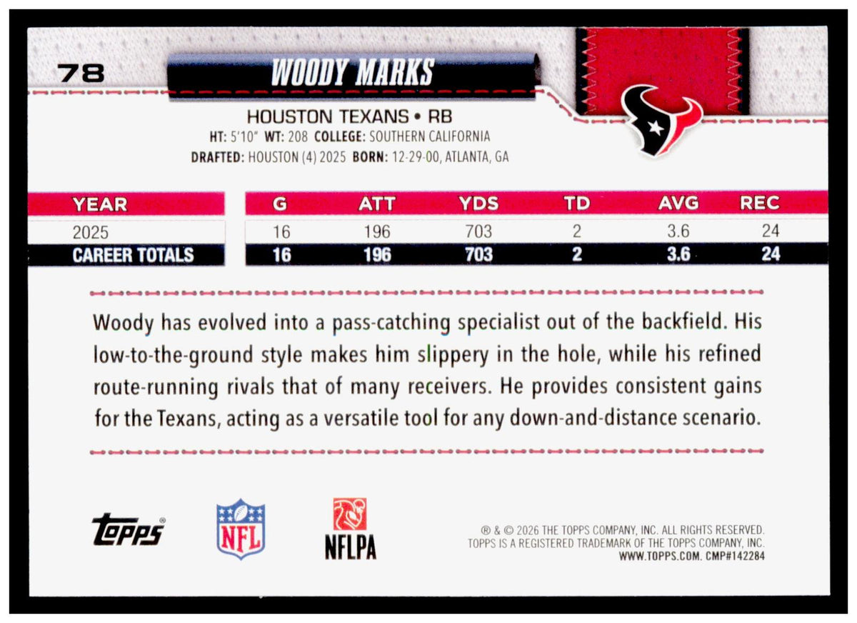 2026 Topps Flagship Woody Marks Card White & Blue Houston Texans